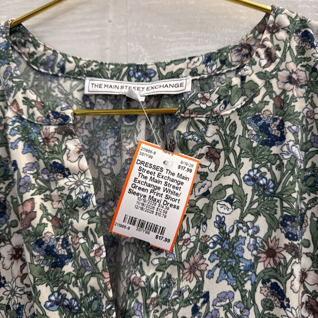 The Main Street Exchange White/ Green Print Short Sleeve Maxi Dress Medium