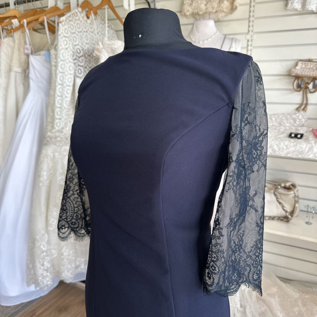 Navy Lace Sleeve Long Formal Dress 10