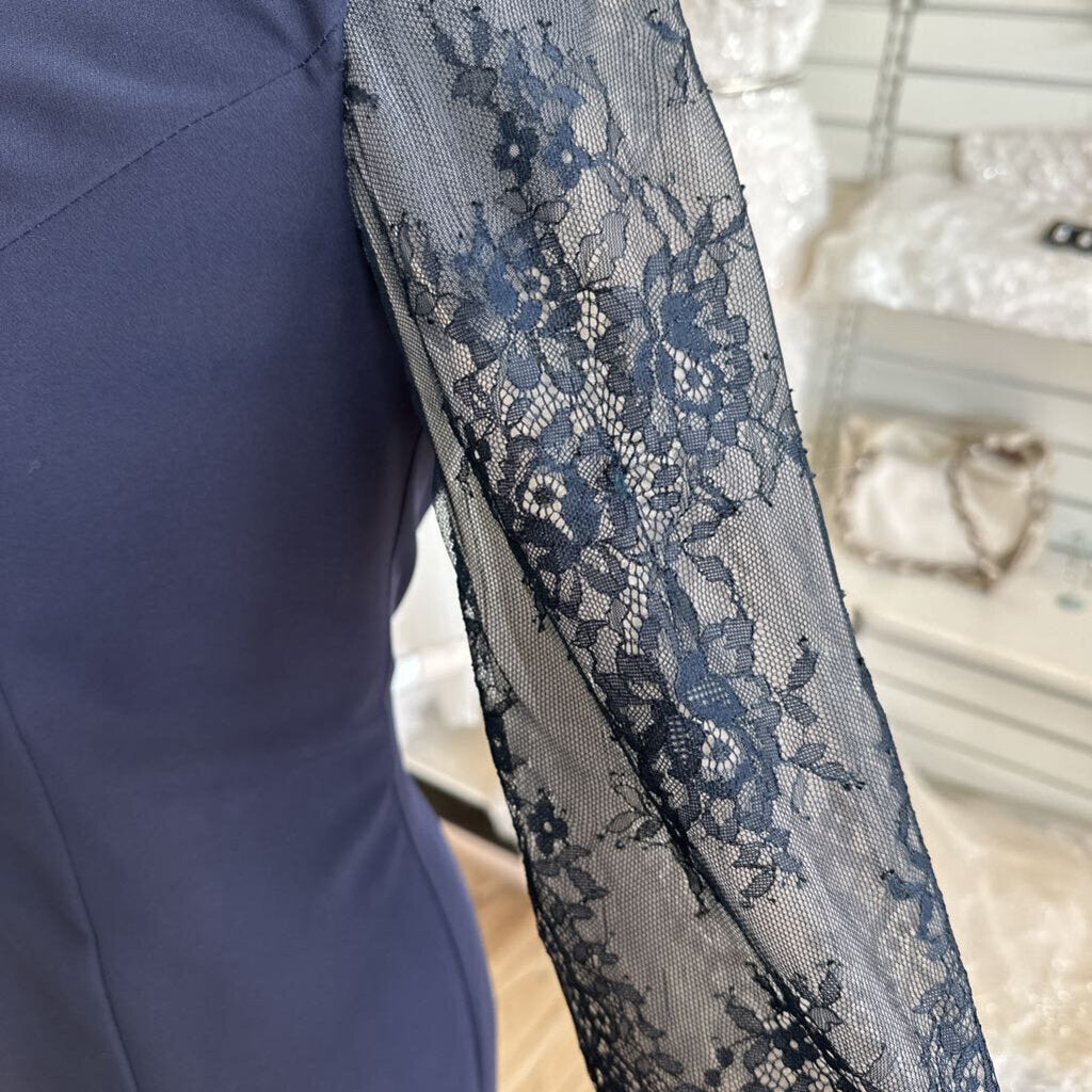 Navy Lace Sleeve Long Formal Dress 10