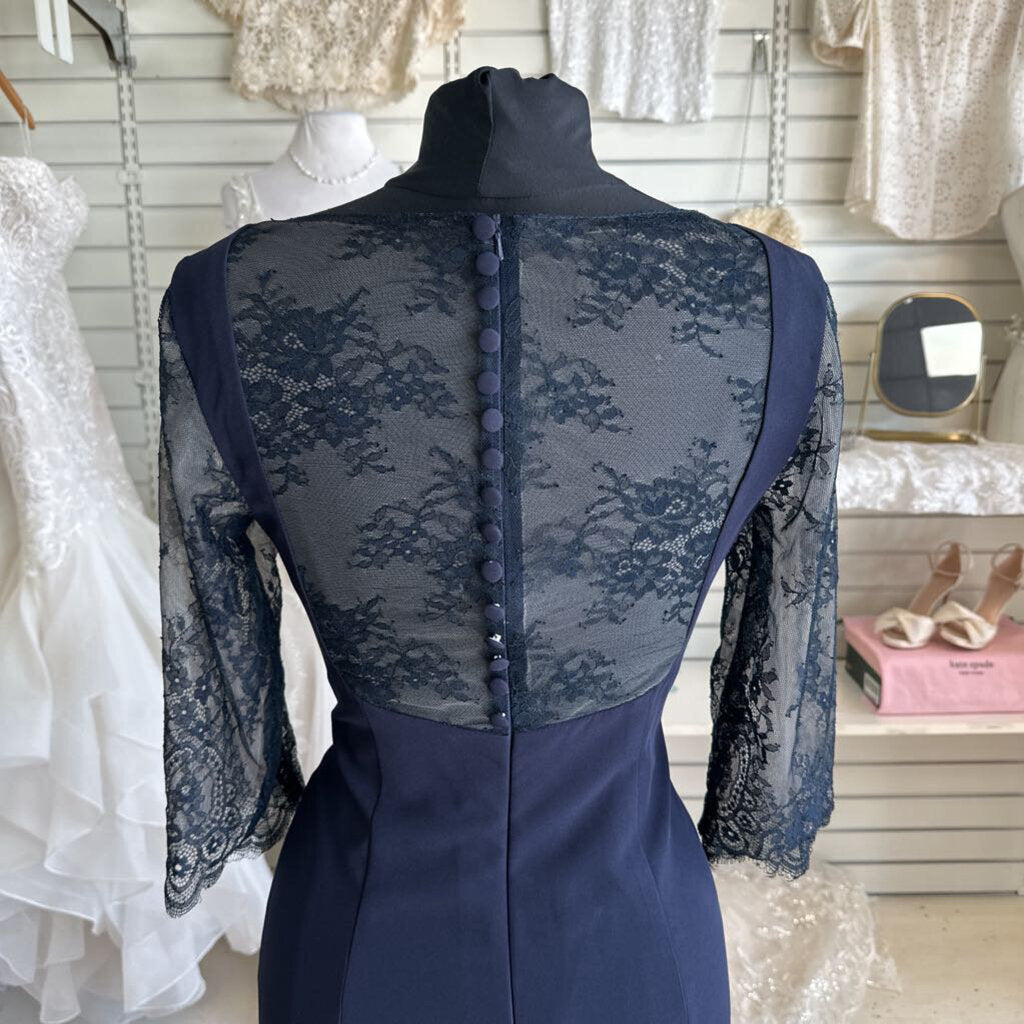 Navy Lace Sleeve Long Formal Dress 10