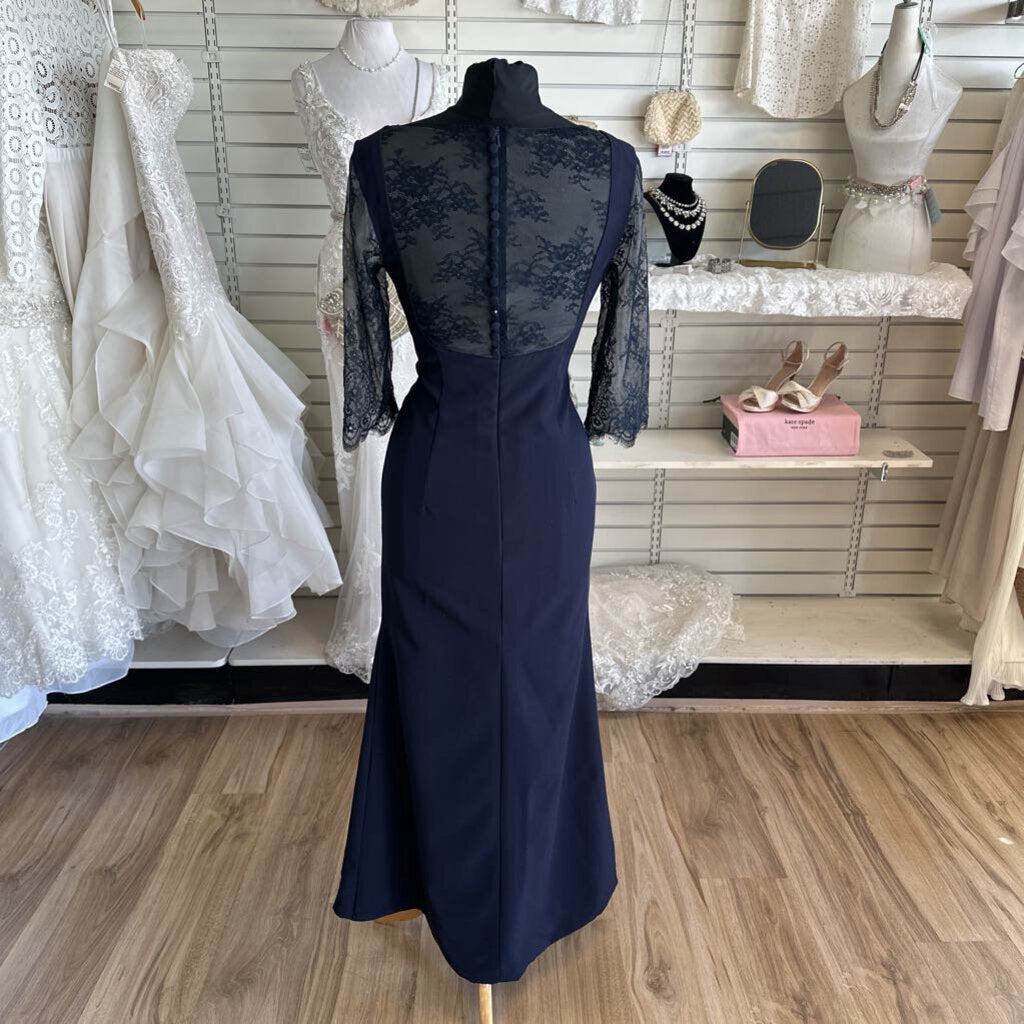 Navy Lace Sleeve Long Formal Dress 10