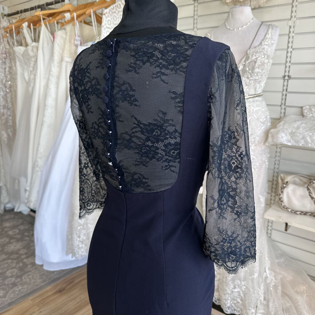 Navy Lace Sleeve Long Formal Dress 10