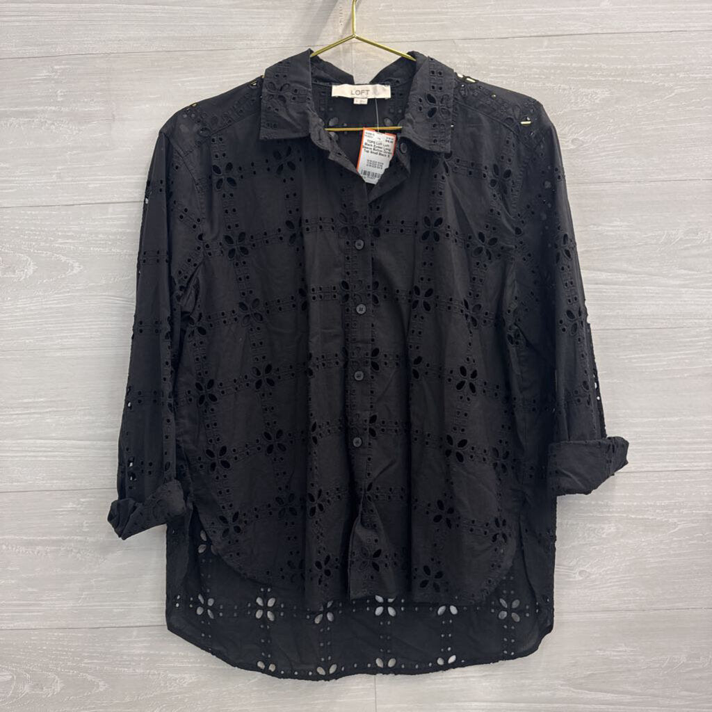 Loft Black Eyelet Long Sleeve Button Down Top Small