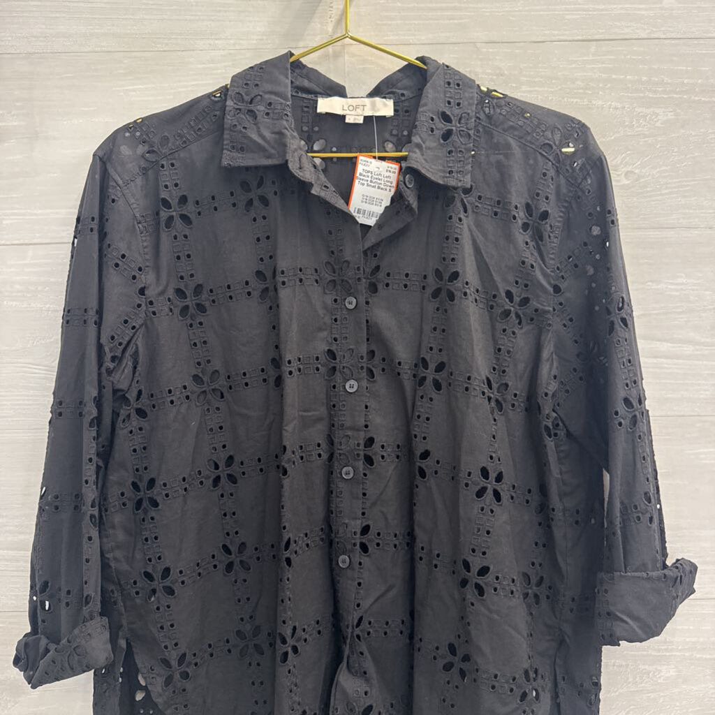 Loft Black Eyelet Long Sleeve Button Down Top Small