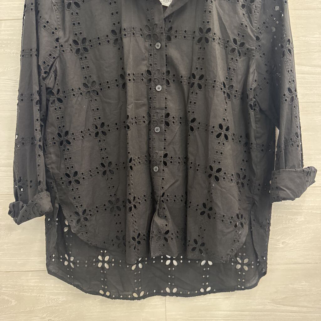 Loft Black Eyelet Long Sleeve Button Down Top Small