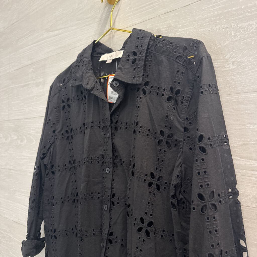 Loft Black Eyelet Long Sleeve Button Down Top Small