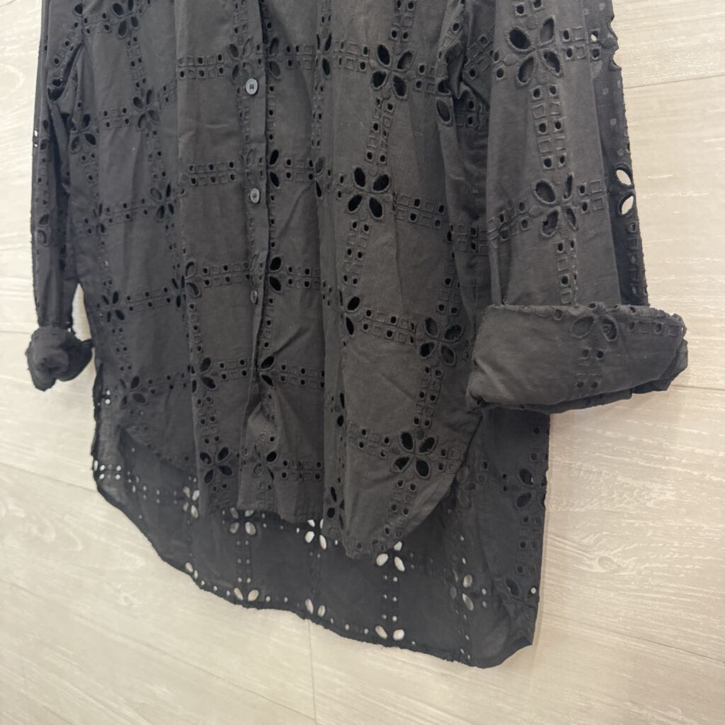 Loft Black Eyelet Long Sleeve Button Down Top Small