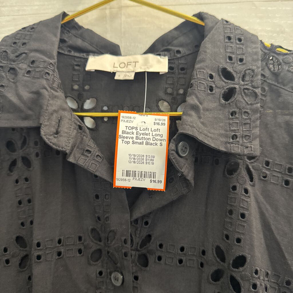 Loft Black Eyelet Long Sleeve Button Down Top Small