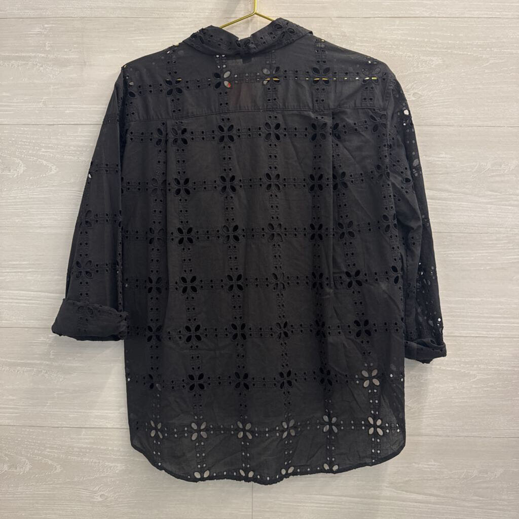 Loft Black Eyelet Long Sleeve Button Down Top Small