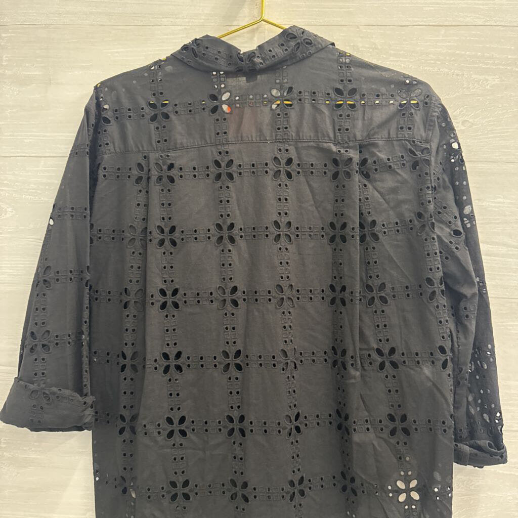 Loft Black Eyelet Long Sleeve Button Down Top Small