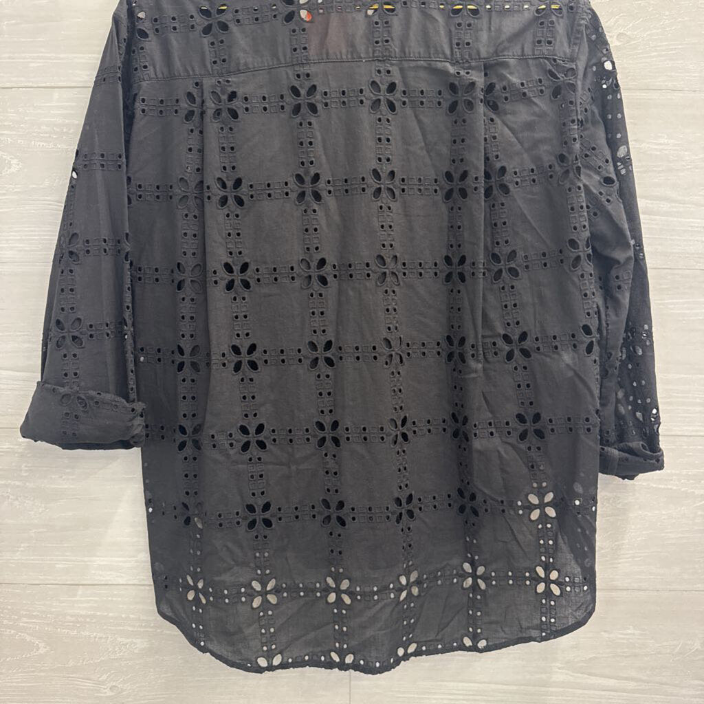 Loft Black Eyelet Long Sleeve Button Down Top Small