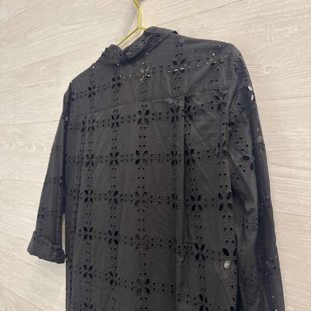 Loft Black Eyelet Long Sleeve Button Down Top Small