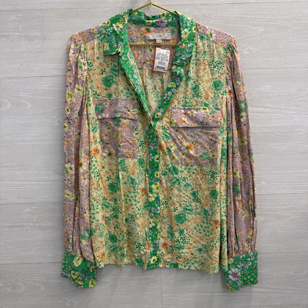 Loft Green/ Multi Floral Print Long Sleeve Button Down Top Medium