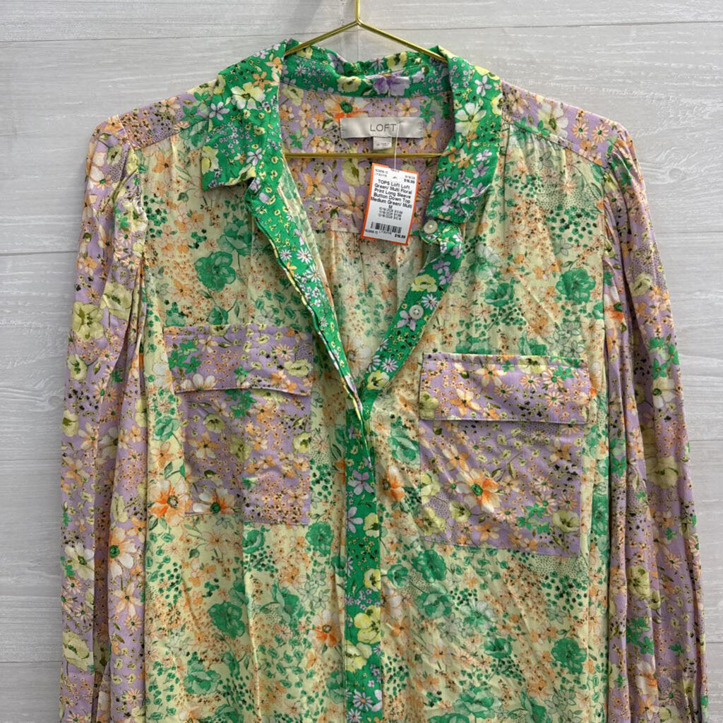 Loft Green/ Multi Floral Print Long Sleeve Button Down Top Medium