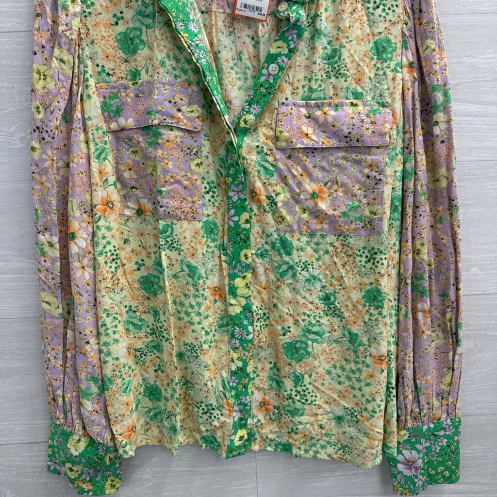Loft Green/ Multi Floral Print Long Sleeve Button Down Top Medium