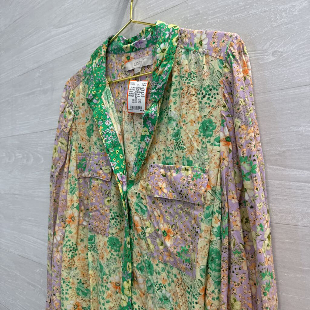 Loft Green/ Multi Floral Print Long Sleeve Button Down Top Medium