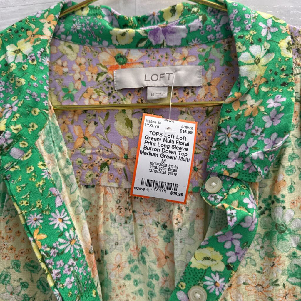 Loft Green/ Multi Floral Print Long Sleeve Button Down Top Medium