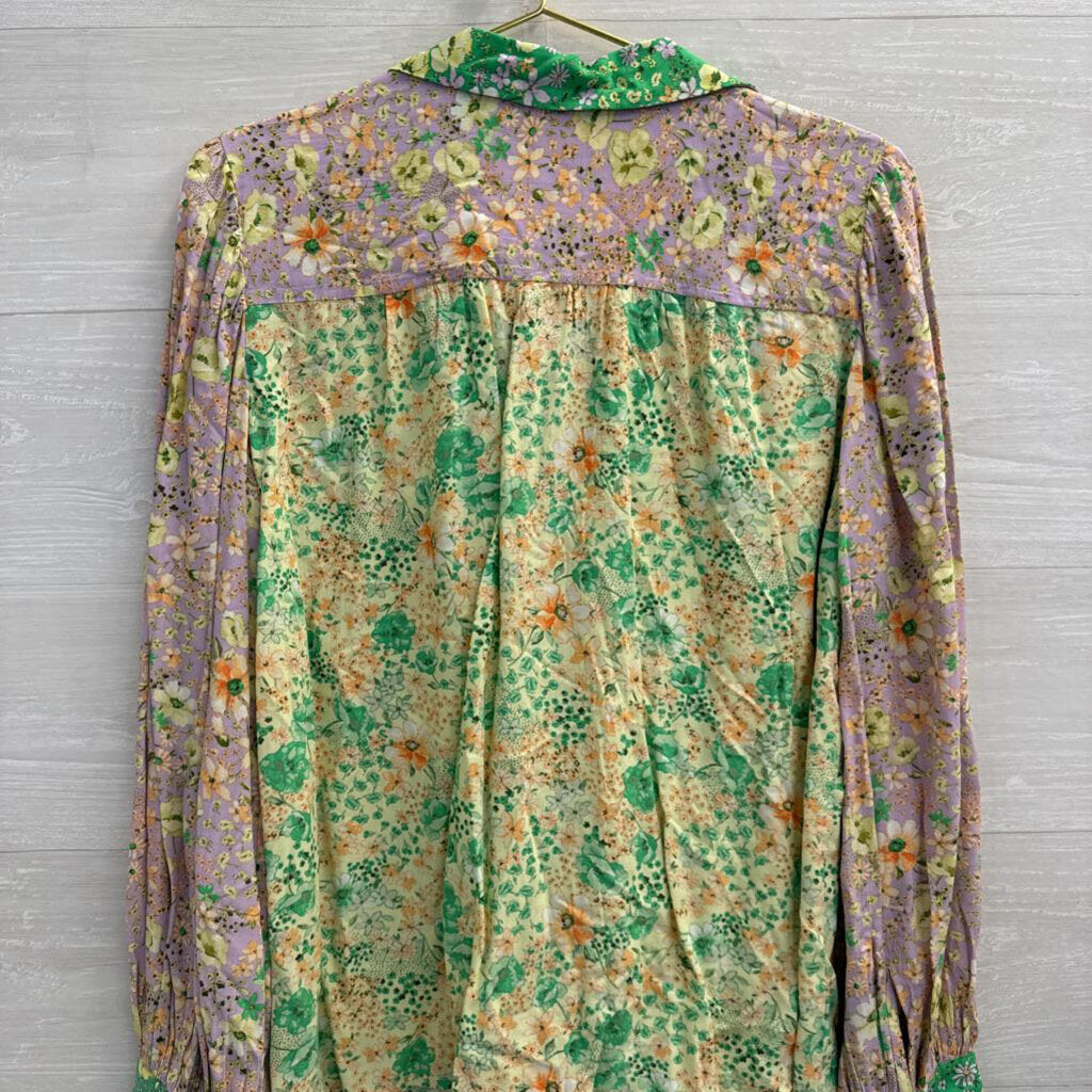 Loft Green/ Multi Floral Print Long Sleeve Button Down Top Medium