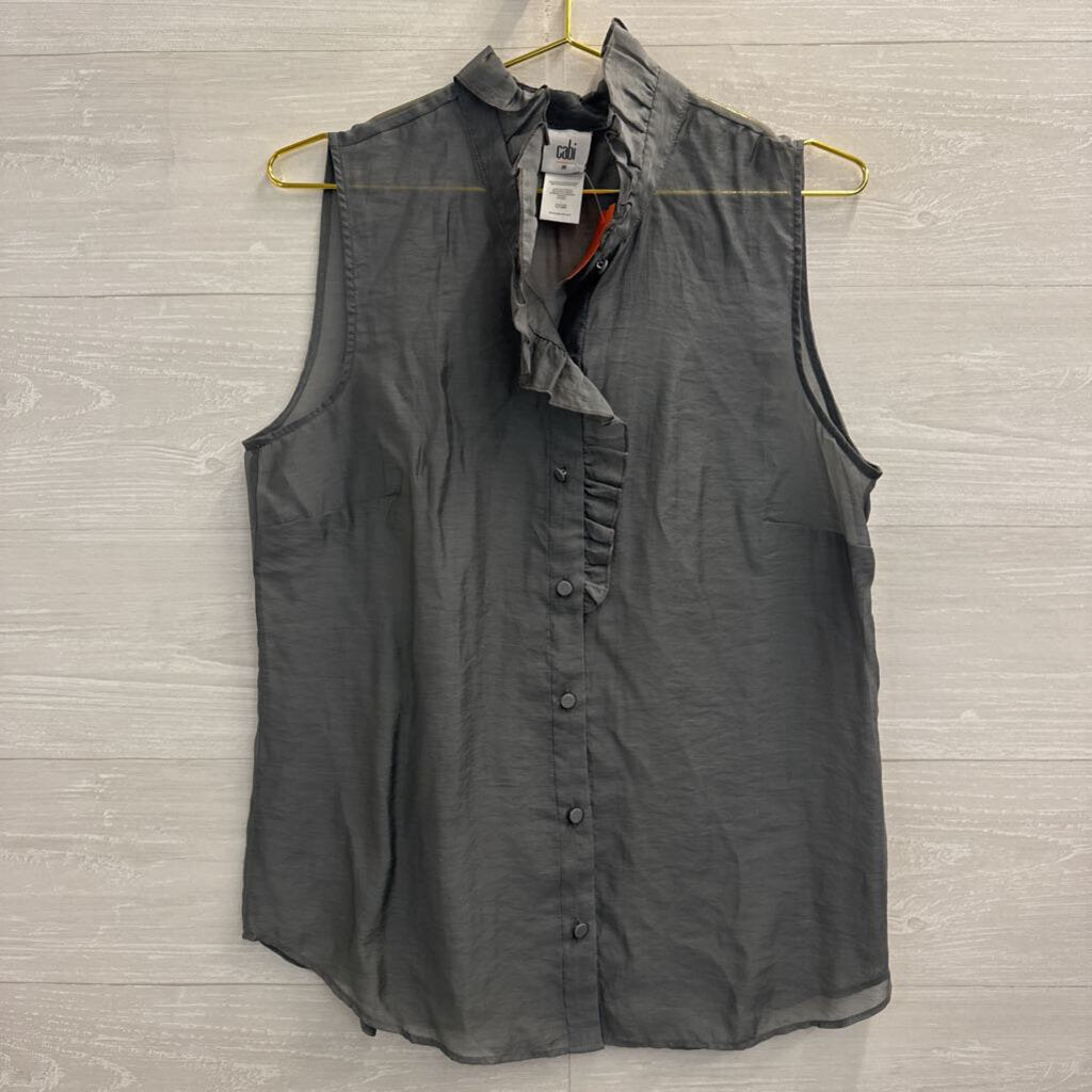 Cabi Grey Sheer Ruffle Detail Sleeveless Button Front Top Medium