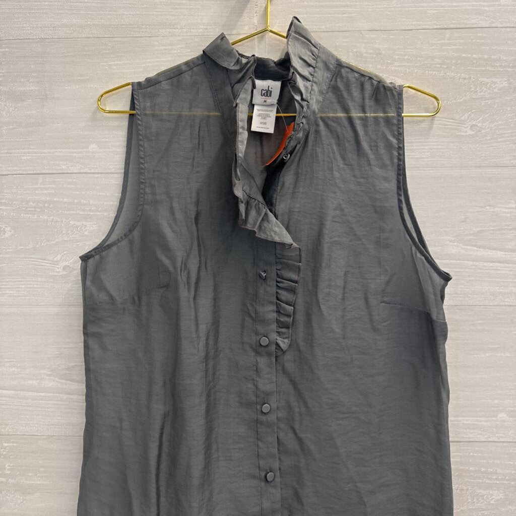Cabi Grey Sheer Ruffle Detail Sleeveless Button Front Top Medium