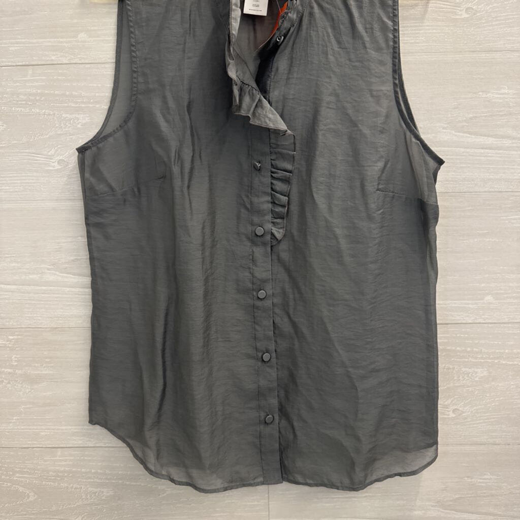 Cabi Grey Sheer Ruffle Detail Sleeveless Button Front Top Medium
