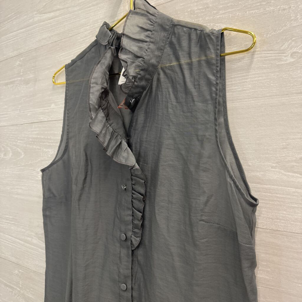 Cabi Grey Sheer Ruffle Detail Sleeveless Button Front Top Medium