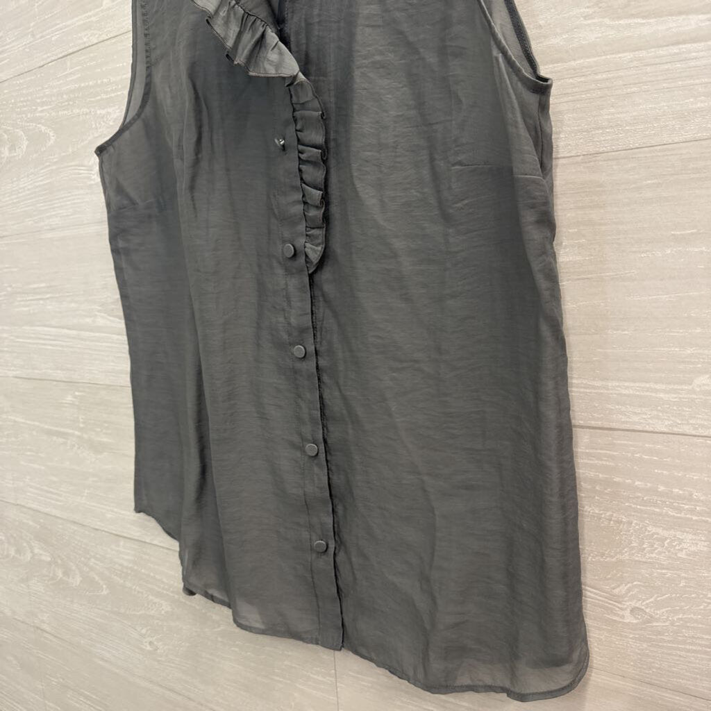 Cabi Grey Sheer Ruffle Detail Sleeveless Button Front Top Medium