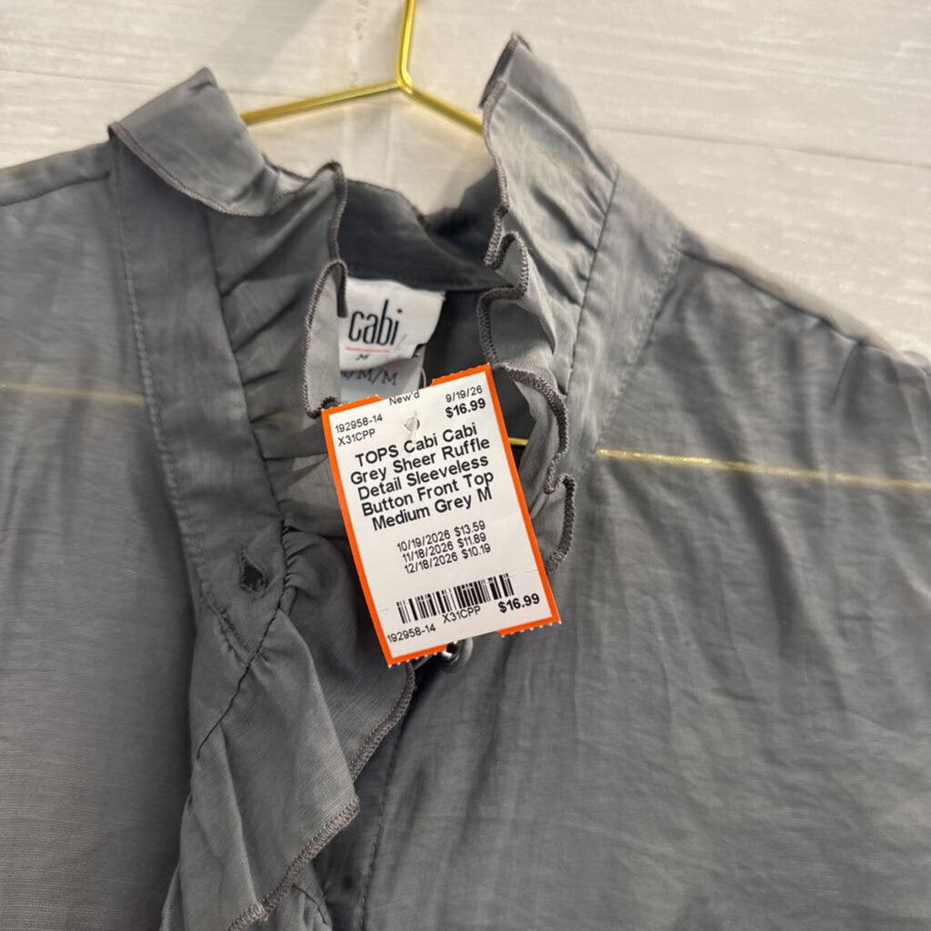 Cabi Grey Sheer Ruffle Detail Sleeveless Button Front Top Medium
