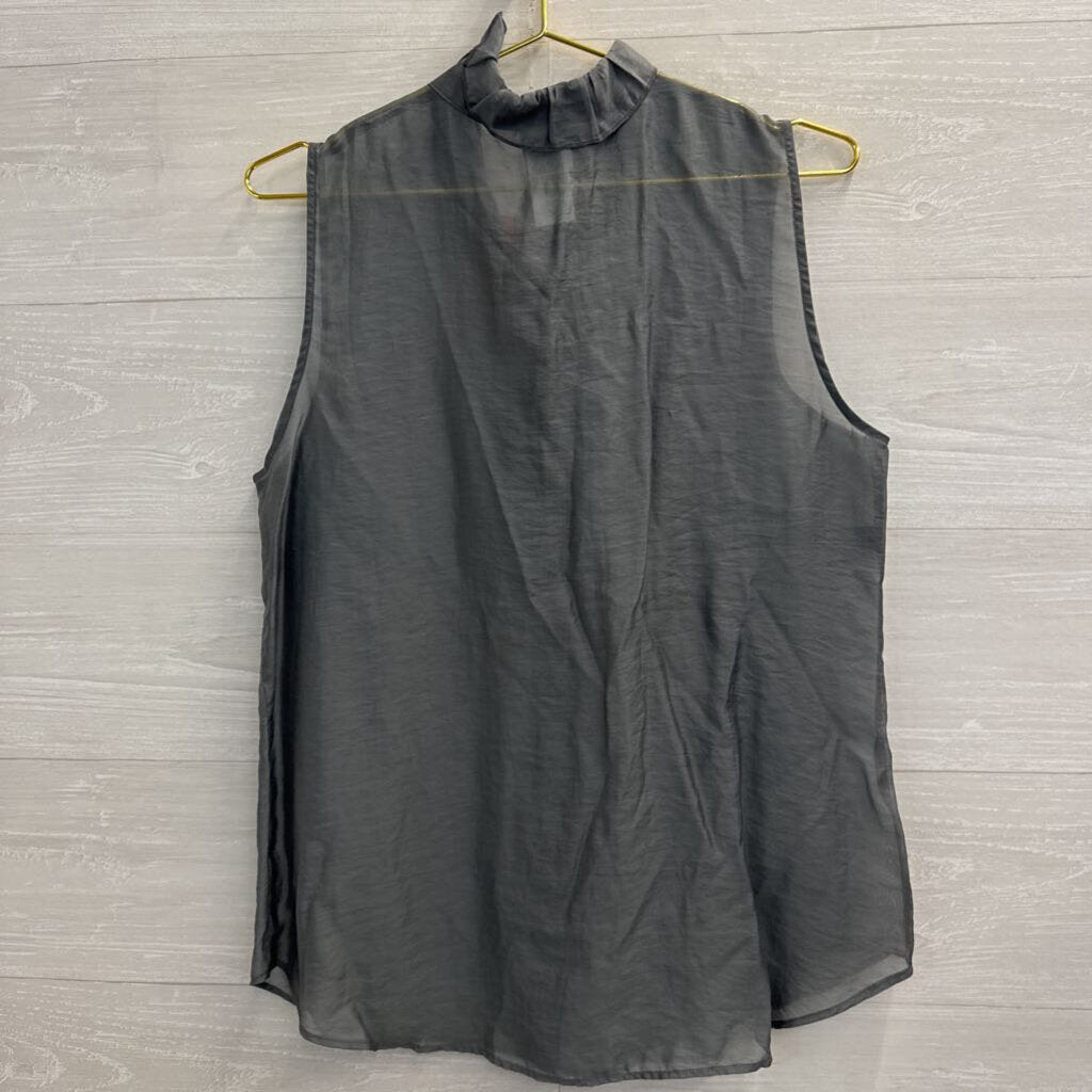 Cabi Grey Sheer Ruffle Detail Sleeveless Button Front Top Medium