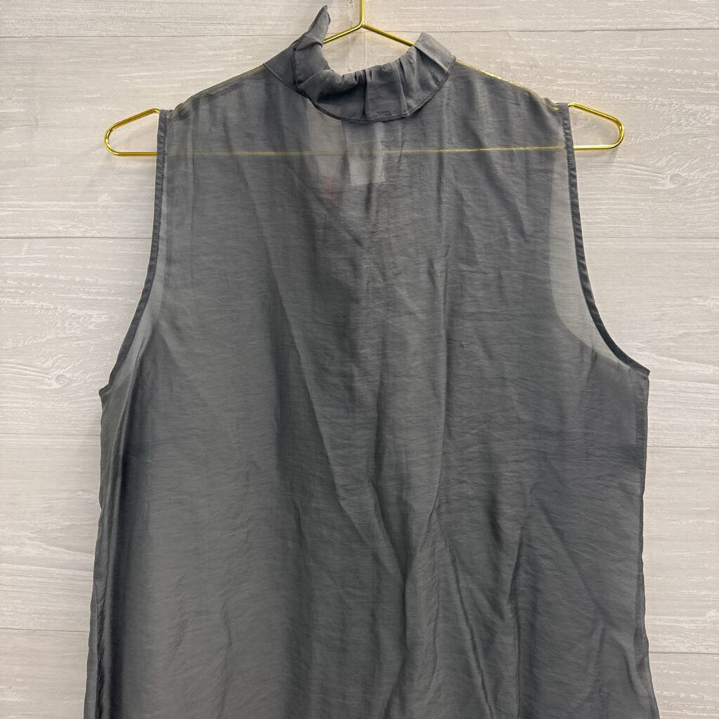 Cabi Grey Sheer Ruffle Detail Sleeveless Button Front Top Medium