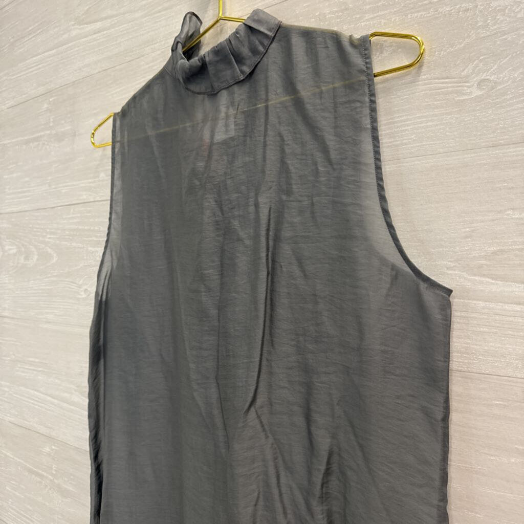 Cabi Grey Sheer Ruffle Detail Sleeveless Button Front Top Medium