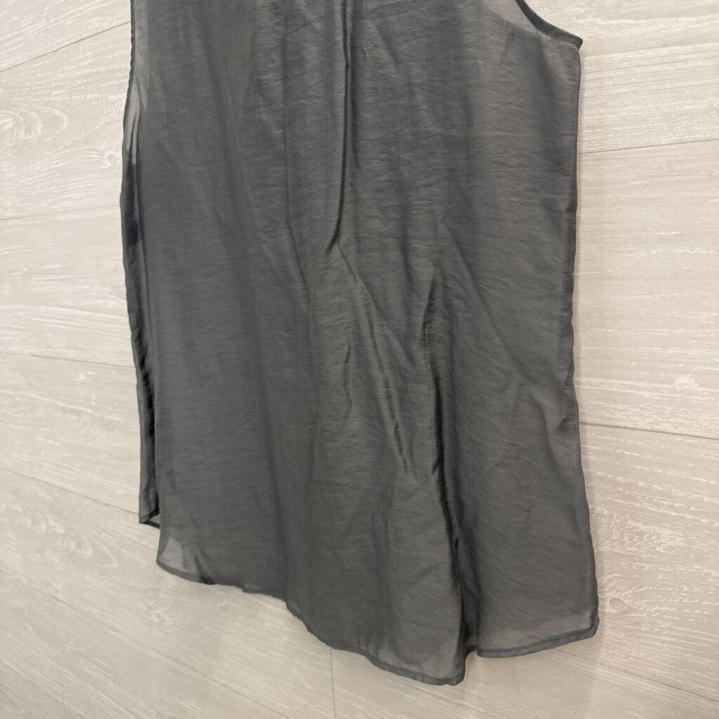Cabi Grey Sheer Ruffle Detail Sleeveless Button Front Top Medium