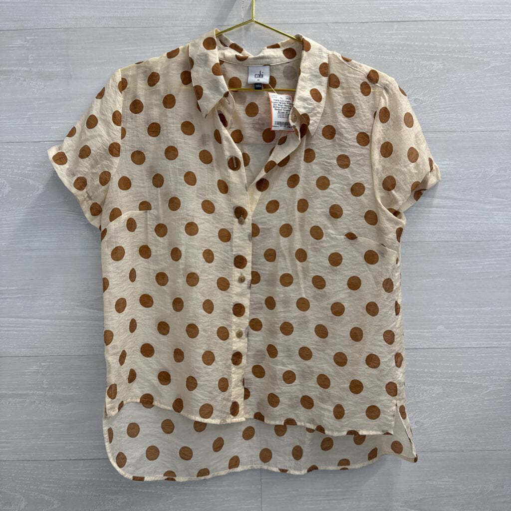 Cabi Cream/ Brown Polka Dot Short Sleeve Button Down Top Medium