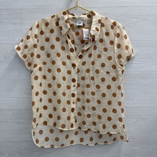 Cabi Cream/ Brown Polka Dot Short Sleeve Button Down Top Medium