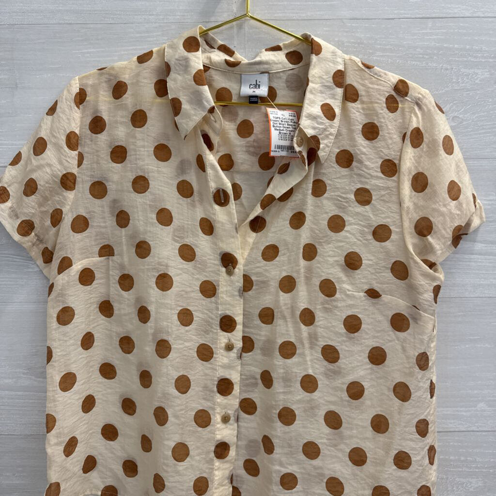 Cabi Cream/ Brown Polka Dot Short Sleeve Button Down Top Medium