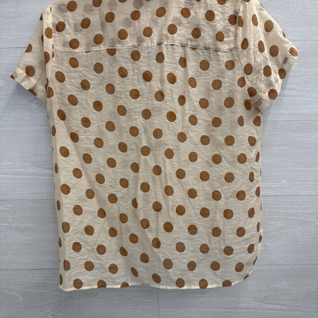 Cabi Cream/ Brown Polka Dot Short Sleeve Button Down Top Medium