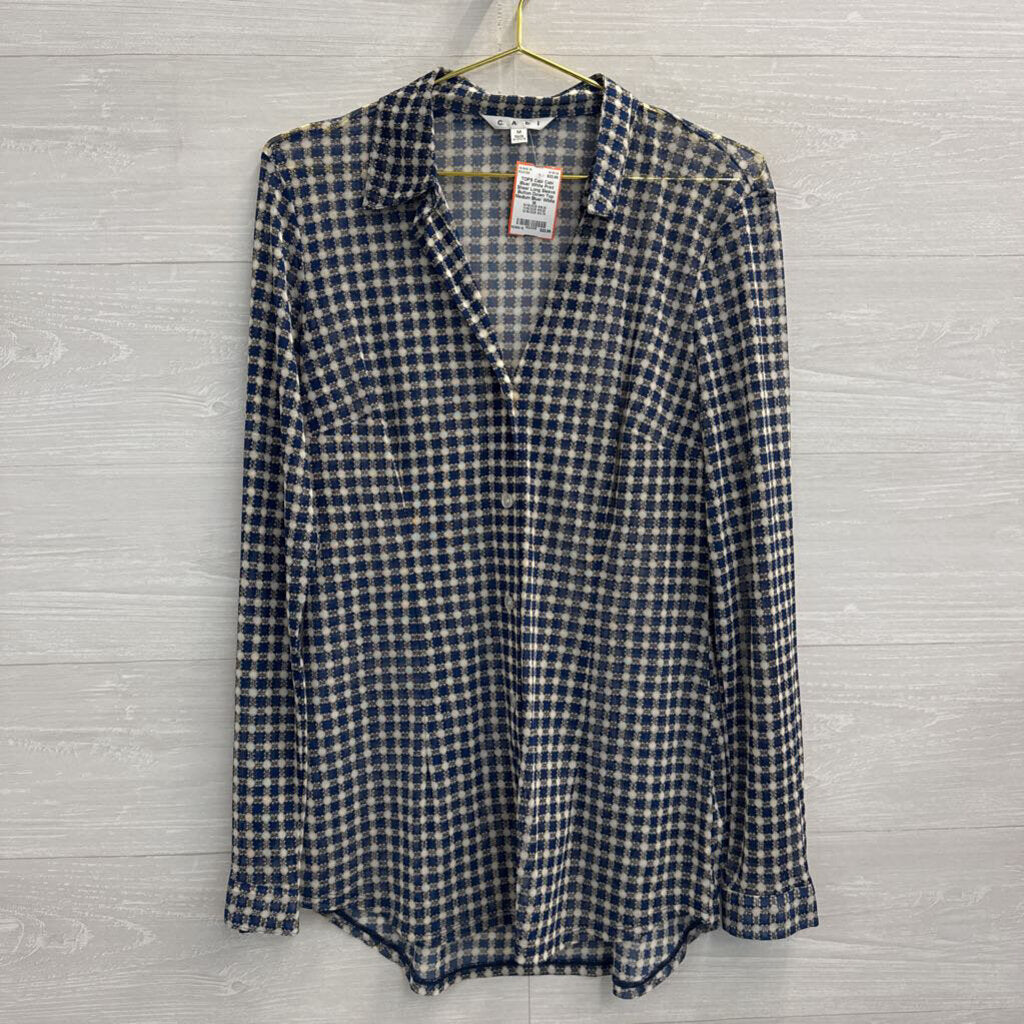 Cabi Blue/ White Print Sheer Long Sleeve Button Down Top Medium