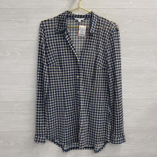Cabi Blue/ White Print Sheer Long Sleeve Button Down Top Medium