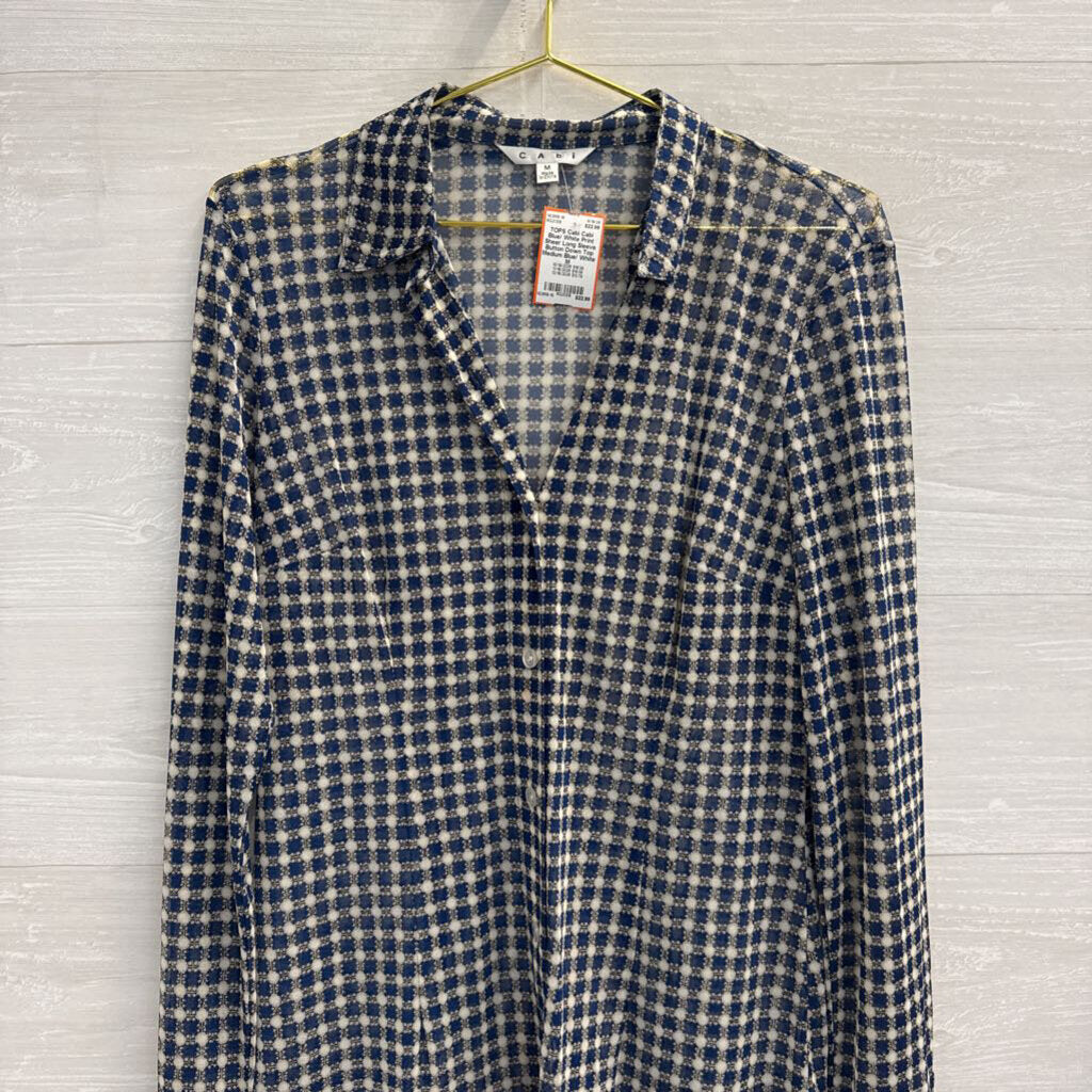 Cabi Blue/ White Print Sheer Long Sleeve Button Down Top Medium