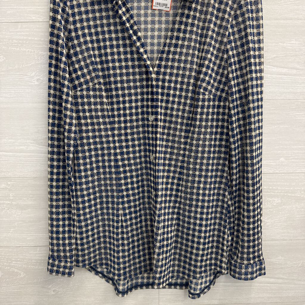 Cabi Blue/ White Print Sheer Long Sleeve Button Down Top Medium
