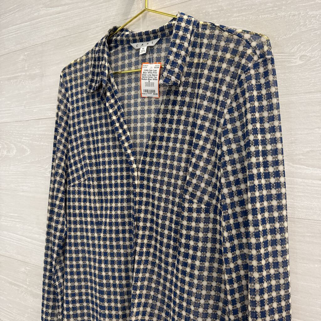 Cabi Blue/ White Print Sheer Long Sleeve Button Down Top Medium