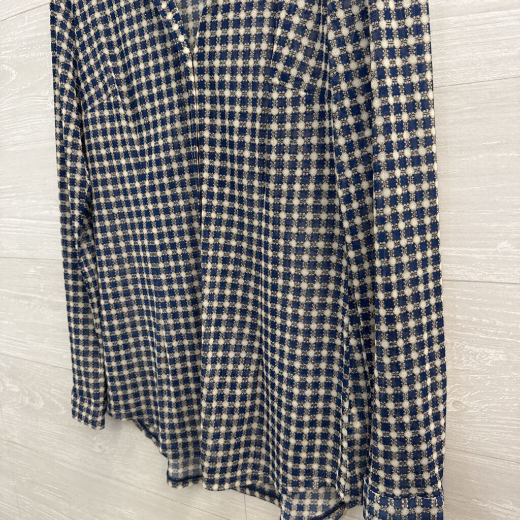 Cabi Blue/ White Print Sheer Long Sleeve Button Down Top Medium