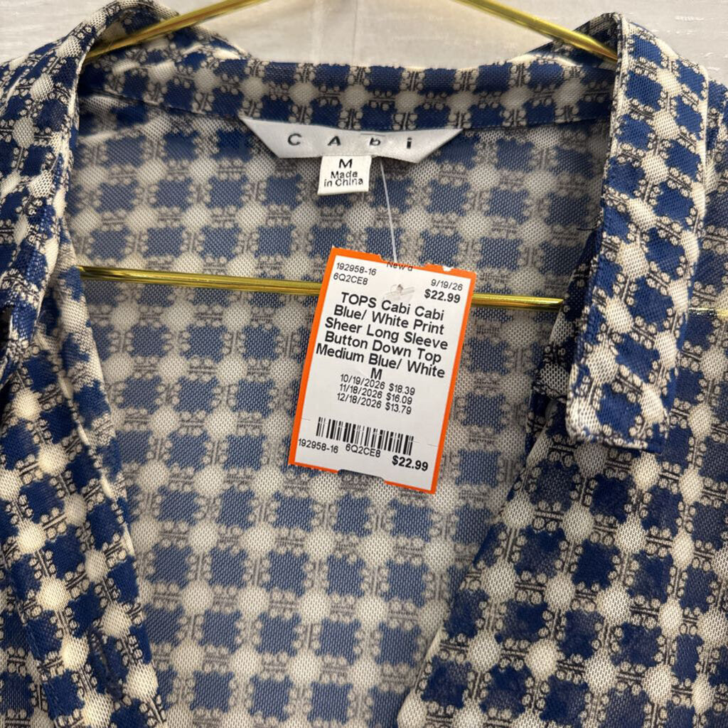 Cabi Blue/ White Print Sheer Long Sleeve Button Down Top Medium