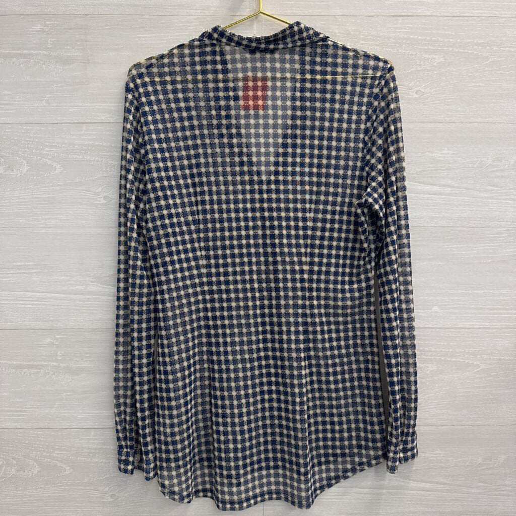 Cabi Blue/ White Print Sheer Long Sleeve Button Down Top Medium