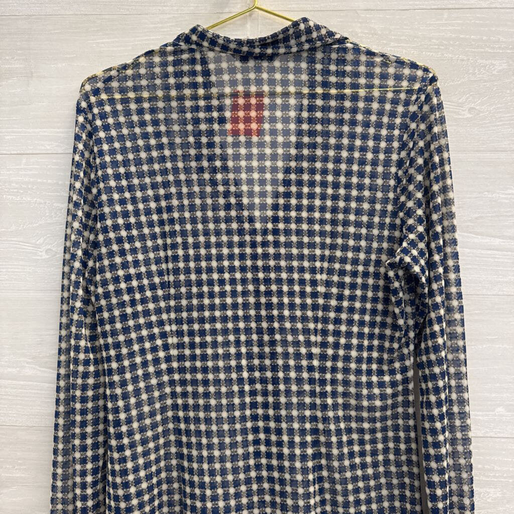 Cabi Blue/ White Print Sheer Long Sleeve Button Down Top Medium