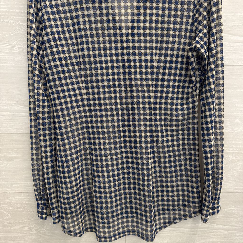 Cabi Blue/ White Print Sheer Long Sleeve Button Down Top Medium