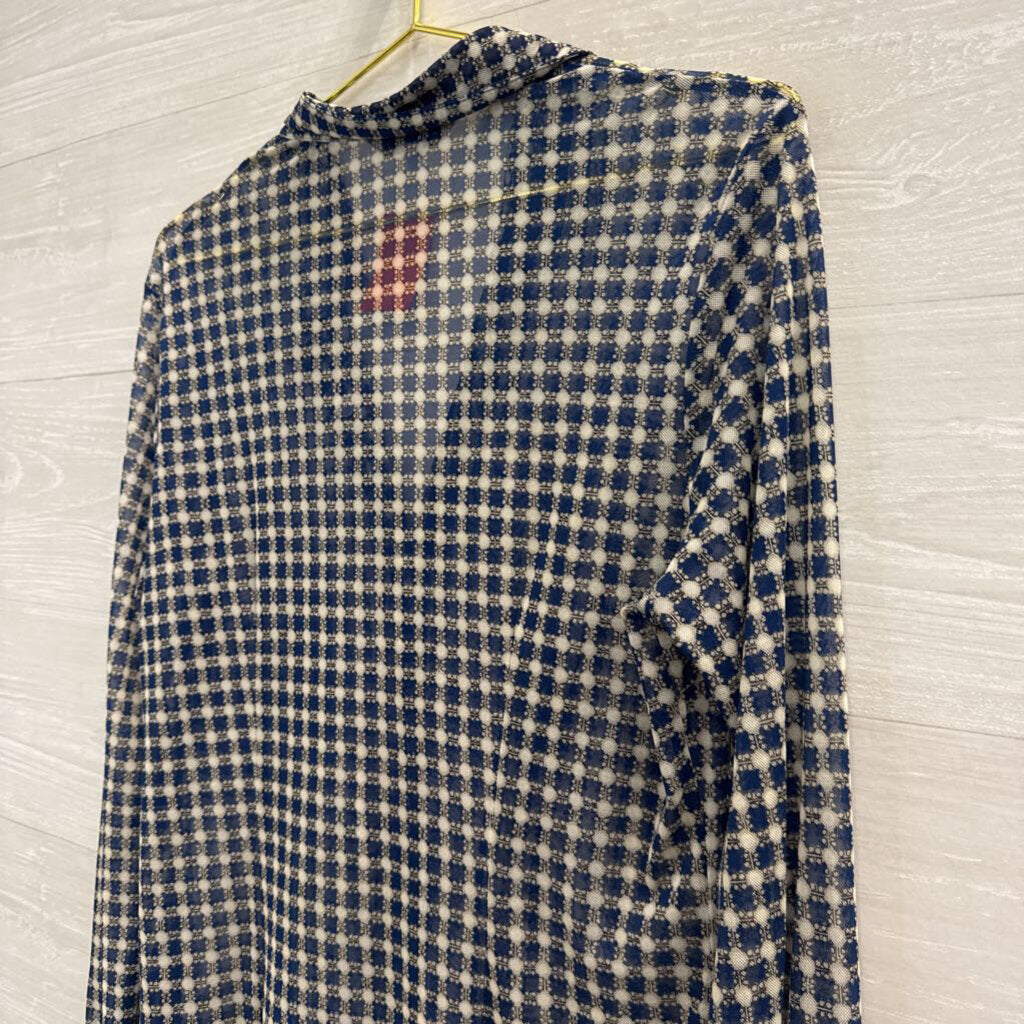 Cabi Blue/ White Print Sheer Long Sleeve Button Down Top Medium