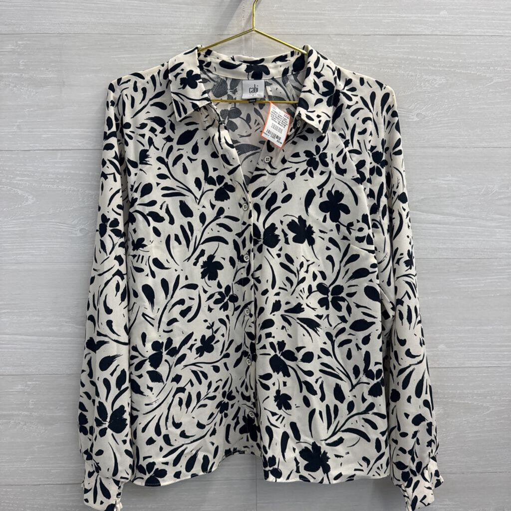Cabi White/ Black Print Long Sleeve Button Down Top Small