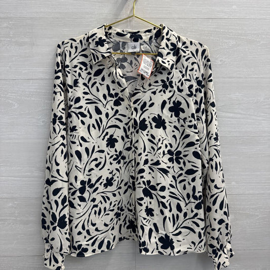 Cabi White/ Black Print Long Sleeve Button Down Top Small