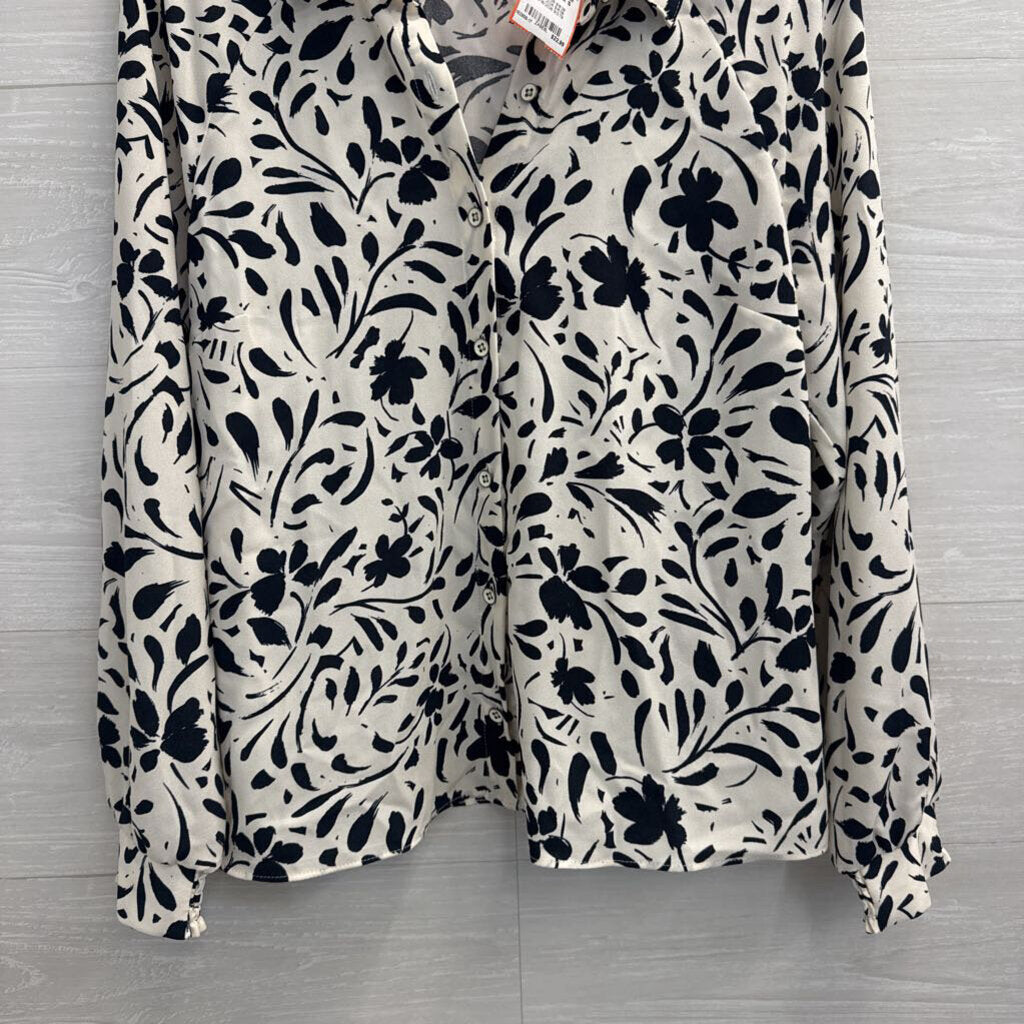 Cabi White/ Black Print Long Sleeve Button Down Top Small